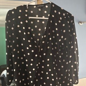 Express Black Blouse with White Polka Dots and Front Zip